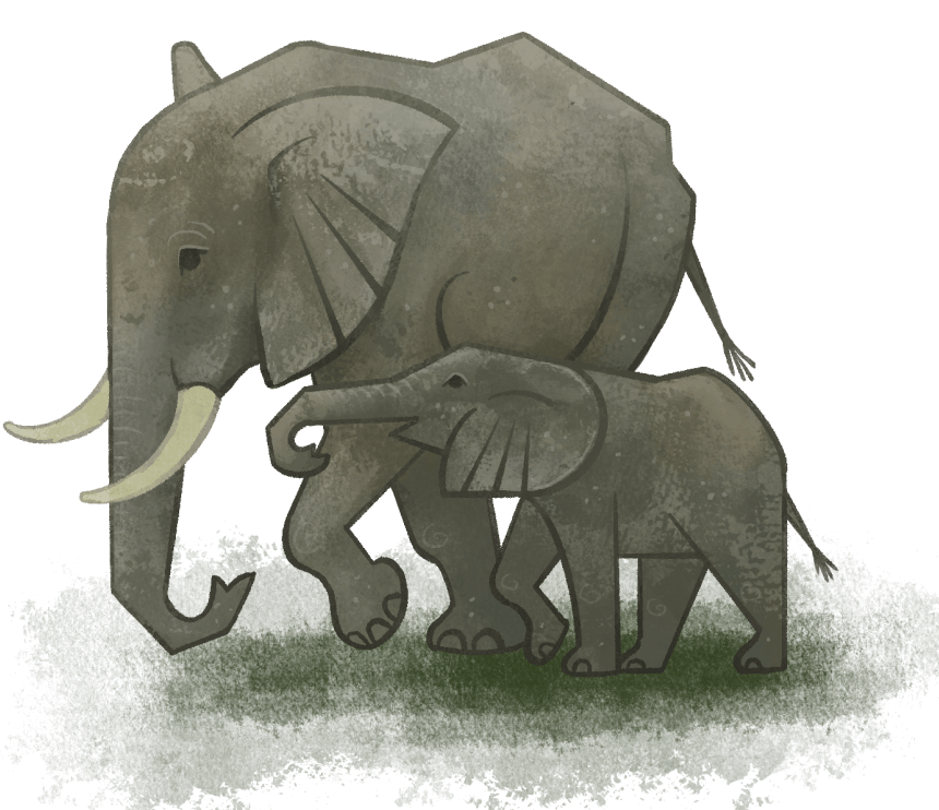 The illustration of a mother elephant and her young
